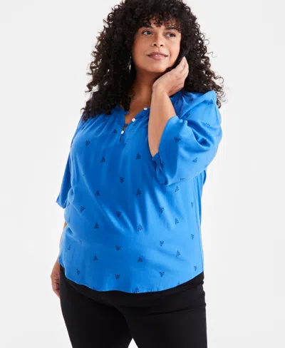 Style & Co Plus Size Printed Blouson-sleeve Blouse, Created For Macy's In Tulip Ches