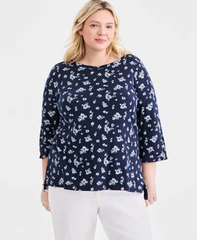 Style & Co Plus Size Printed Boat-neck Cotton Lace-up-sleeve Tunic, Macy's Exclusive In Blue