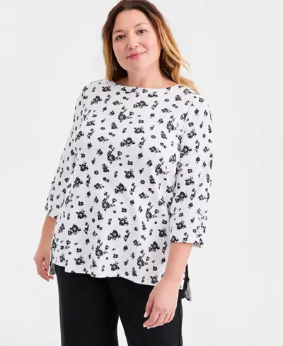 Style & Co Plus Size Printed Boat-neck Cotton Lace-up-sleeve Tunic, Macy's Exclusive In White