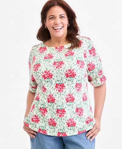 Style & Co Plus Size Printed Boat-neck Elbow-sleeve Top, Macy's Exclusive In Pink