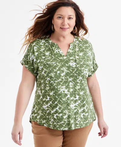 Style & Co Plus Size Printed Camp Shirt, Exclusively At Macy's In Dye Green