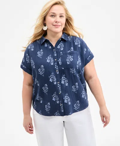 Style & Co Plus Size Printed Camp Shirt, Exclusively At Macy's In Floral Industrial Blue