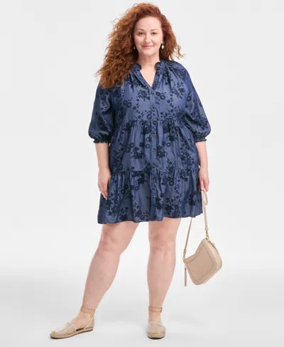 Style & Co Plus Size Printed Chambray Babydoll Dress, Exclusively At Macy's In Floral Industrial Blue