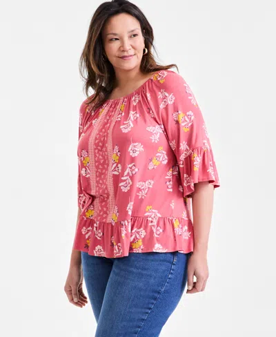 Style & Co Plus Size Printed Convertible Top, Exclusively At Macy's In Runway Red