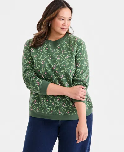 Style & Co Plus Size Printed Crewneck Fleece Sweatshirt, Macy's Exclusive In Green