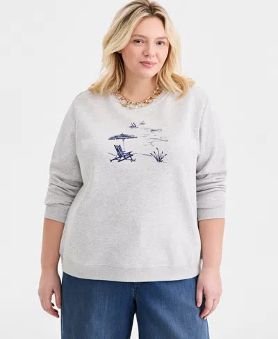 Style & Co Plus Size Printed Crewneck Fleece Sweatshirt, Macy's Exclusive In Gray