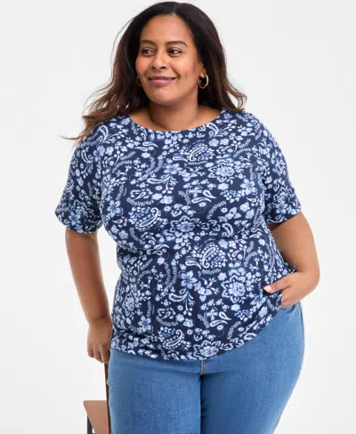 Style & Co Plus Size Printed Crewneck Top, Exclusively At Macy's In Blue