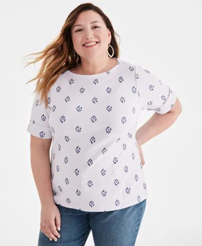 Style & Co Plus Size Printed Cuffed-sleeve Boat Neck Top, Created For Macy's In Ikat Lavendar