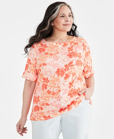 Style & Co Plus Size Printed Cuffed-sleeve Boat Neck Top, Created For Macy's In Orange