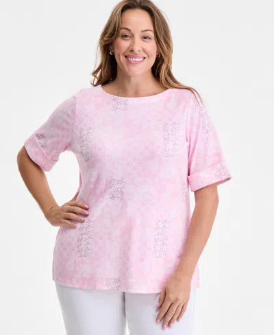 Style & Co Plus Size Printed Elbow-sleeve Knit Top, Exclusively At Macy's
