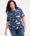 Style & Co Plus Size Printed Elbow-sleeve Knit Top, Macy's Exclusive In Blue