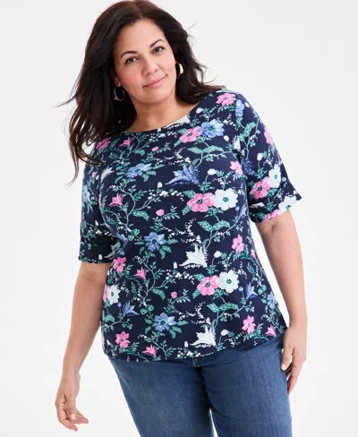 Style & Co Plus Size Printed Elbow-sleeve Knit Top, Macy's Exclusive In Blue