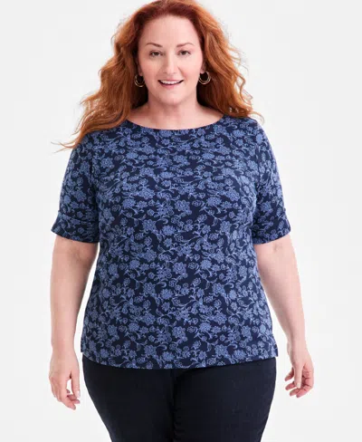 Style & Co Plus Size Printed Elbow-sleeve Knit Top, Macy's Exclusive In Blue