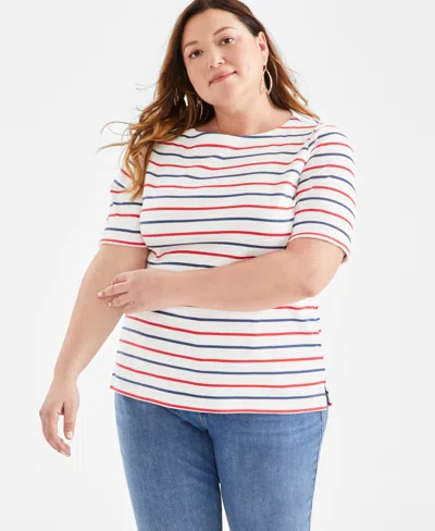 Style & Co Plus Size Printed Elbow-sleeve Top, Created For Macy's In Simple Natural