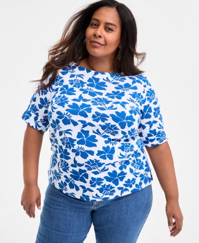 Style & Co Plus Size Printed Elbow-sleeve Top, Exclusively At Macy's In Blue