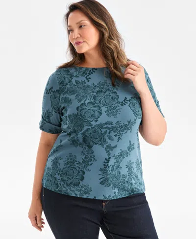 Style & Co Plus Size Printed Elbow-sleeve Top, Macy's Exclusive In Blue