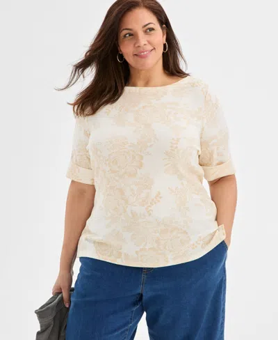 Style & Co Plus Size Printed Elbow-sleeve Top, Macy's Exclusive In Neutral