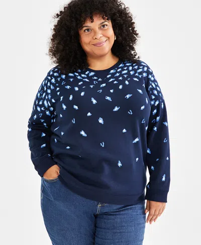 Style & Co Plus Size Printed Fleece Crewneck Sweatshirt, Created For  In Aniaml Blue