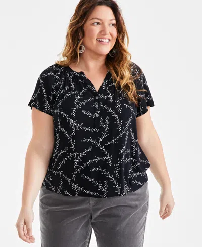 Style & Co Plus Size Printed Flutter-sleeve Top, Created For Macy's In Dotted Black