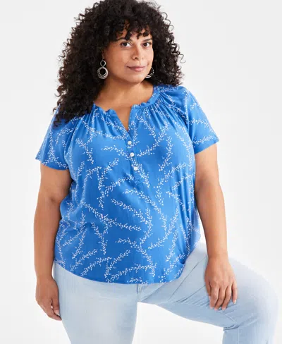 Style & Co Plus Size Printed Flutter-sleeve Top, Created For Macy's In Dotted Chesapeake