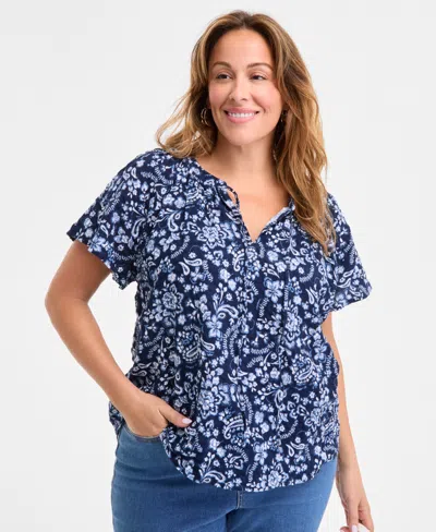 Style & Co Plus Size Printed Flutter-sleeve Top, Exclusively At Macy's