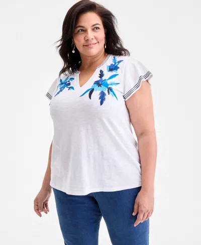 Style & Co Plus Size Printed Flutter-sleeve Top, Exclusively At Macy's In White