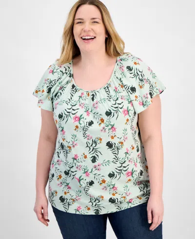 Style & Co Plus Size Printed Flutter-sleeve Top, Exclusively At Macy's In Floating Mint