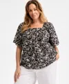 Style & Co Plus Size Printed Flutter-sleeve Top, Exclusively At Macy's In Floral Deep Black
