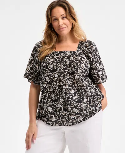 Style & Co Plus Size Printed Flutter-sleeve Top, Exclusively At Macy's In Floral Deep Black