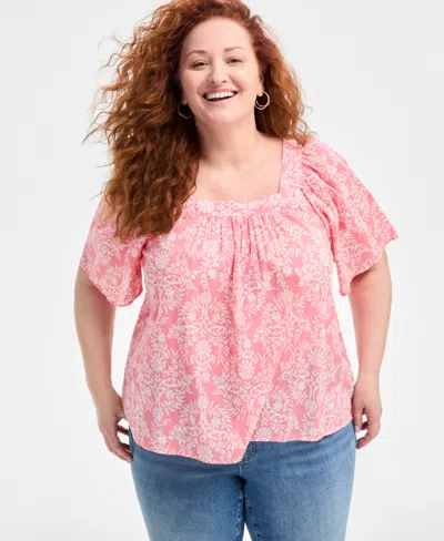Style & Co Plus Size Printed Flutter-sleeve Top, Exclusively At Macy's In Floral Medium Pink