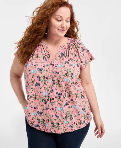 Style & Co Plus Size Printed Flutter-sleeve Top, Exclusively At Macy's In Garden Rose
