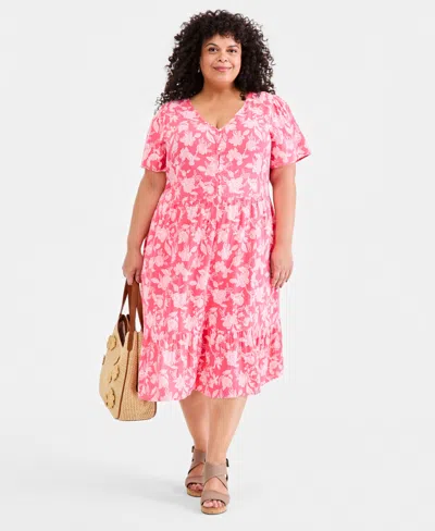 Style & Co Plus Size Printed Flutter-sleeve Cotton Dress, Macy's Exclusive In Pink