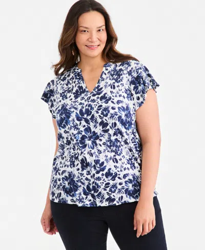 Style & Co Plus Size Printed Flutter-sleeve V-neck Top, Macy's Exclusive In Blue