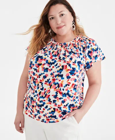 Style & Co Plus Size Printed Gathered Scoop-neck Flutter-sleeve Top, Created For Macy's In Dye Neo Natural