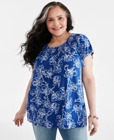 Style & Co Plus Size Printed Gathered Scoop-neck Flutter-sleeve Top, Created For Macy's In Iris Blue