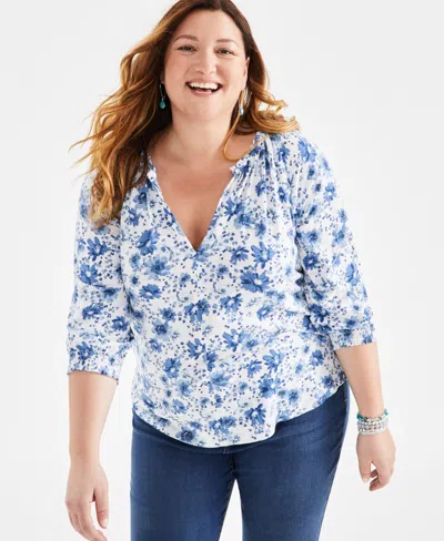 Style & Co Plus Size Printed Gathered V-neck Top, Created For Macy's In Bright White