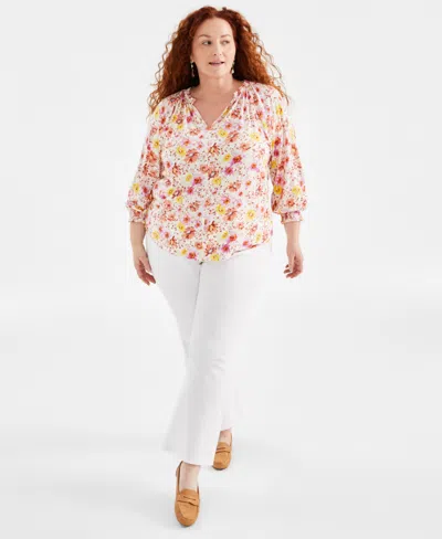 Style & Co Plus Size Printed Gathered V-neck Top, Created For Macy's In Sea Coral