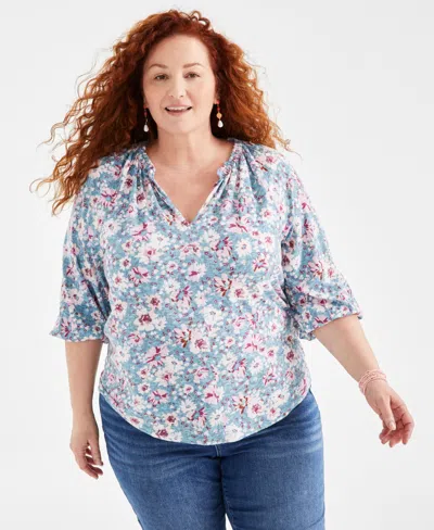 Style & Co Plus Size Printed Gathered V-neck Top, Created For Macy's In Windy Garden