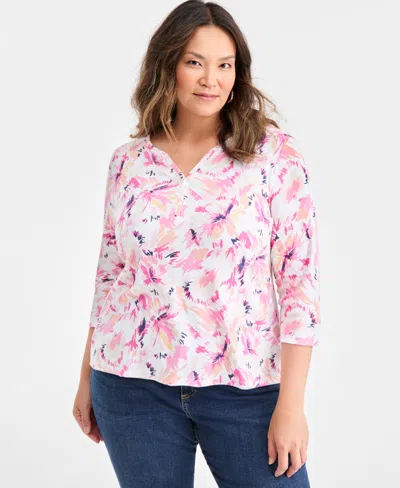 Style & Co Plus Size Printed Henley 3/4-sleeve Top, Macy's Exclusive In Multi