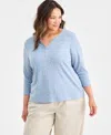 Style & Co Plus Size Printed Henley 3/4-sleeve Top, Macy's Exclusive In Blue