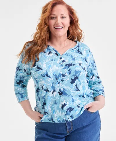 Style & Co Plus Size Printed Henley 3/4-sleeve Top, Macy's Exclusive In Blue