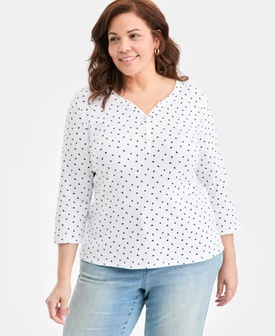 Style & Co Plus Size Printed Henley 3/4-sleeve Top, Macy's Exclusive In White