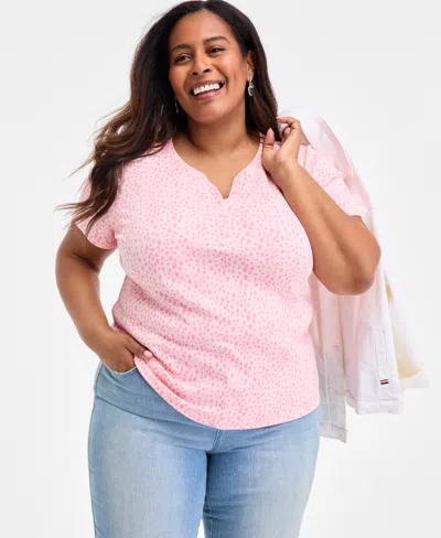 Style & Co Plus Size Printed Henley Short-sleeve Top, Exclusively At Macy's In Multi