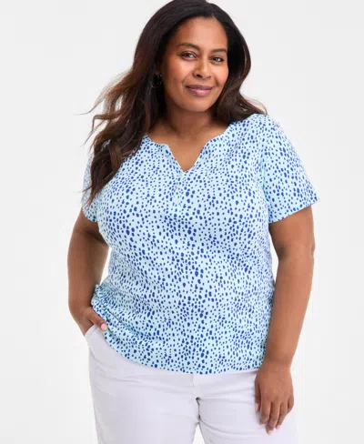 Style & Co Plus Size Printed Henley Short-sleeve Top, Exclusively At Macy's In Multi