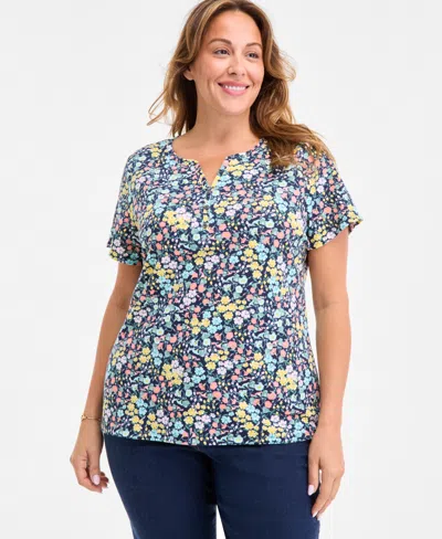 Style & Co Plus Size Printed Henley Short-sleeve Top, Exclusively At Macy's In Blue