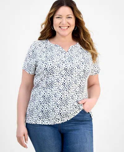 Style & Co Plus Size Printed Henley Short-sleeve Top, Exclusively At Macy's In Brown