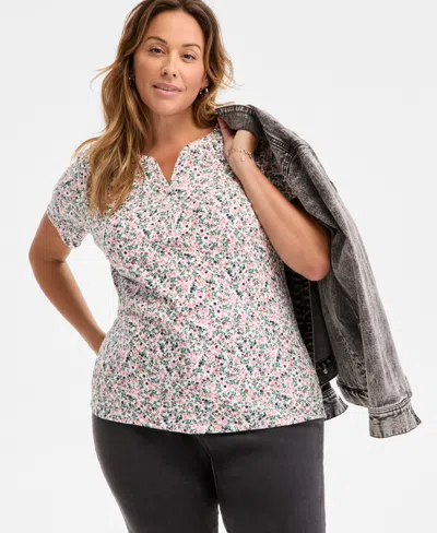 Style & Co Plus Size Printed Henley T-shirt, Exclusively At Macy's In Paige White