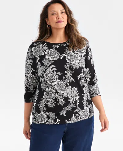 Style & Co Plus Size Printed Knit 3/4-sleeve Top, Macy's Exclusive In Black