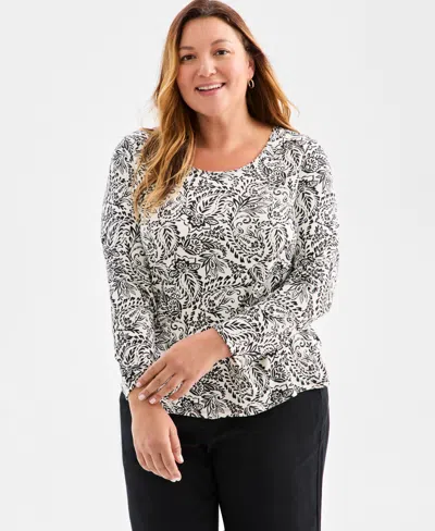 Style & Co Plus Size Printed Long-sleeve Top, Macy's Exclusive In Gray