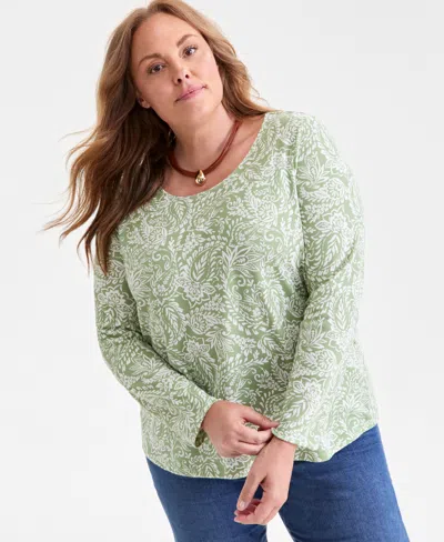 Style & Co Plus Size Printed Long-sleeve Top, Macy's Exclusive In Green